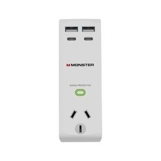 Monster Single Socket Surge Protector with USB-C &amp; USB-A Ports - White