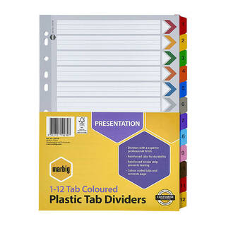 Marbig Indices &amp; Dividers 1-12 Tab Reinf A4 Colour