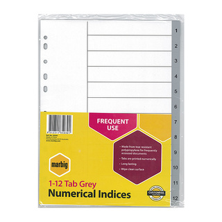 Marbig Indices &amp; Dividers 1-12 Tab Pp A4 Grey