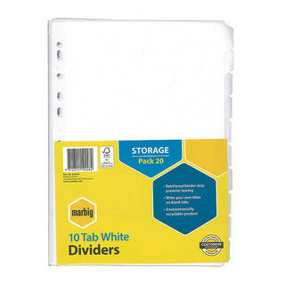 Marbig Indices &amp; Divider 10 Tab Manil A4 Wht Pk20