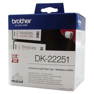 Brother DK-22251 White Continuous Paper Roll - Black/Red on White - 62mm x 15.24m