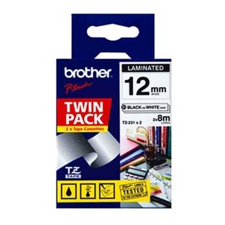 Brother TZe-231 / 12mm Black Text On White Laminated Labelling Tape - 8 Metres (Twin Pack)