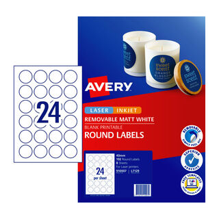 Avery Label Removable Matt Round L7129 40mm - 24Up Pack 8