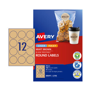 Avery Label Round Kraft Brown 60mm - 12Up Pack 15