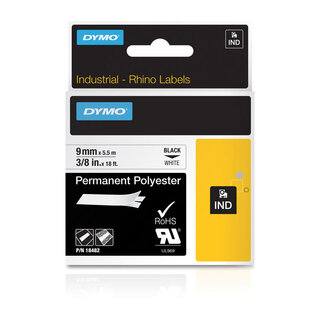 Dymo Rhino Permanent Polyester Black on White 9mm x 5.5m (18482)