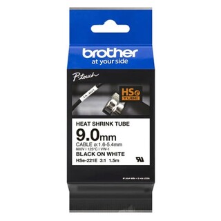 Brother HSe-221E Heat Shrink Tube - Black on White 9mm x 1.5m